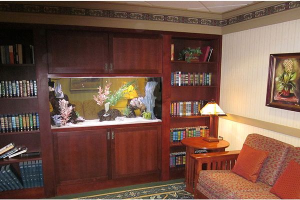 Picture of a home aquarium in an office. 