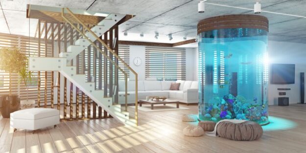 Room in a luxury home with a cylindrical aquarium