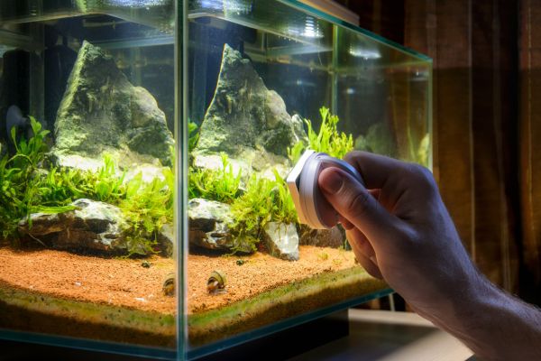 A person uses a magnetic cleaning tool for their fish tank